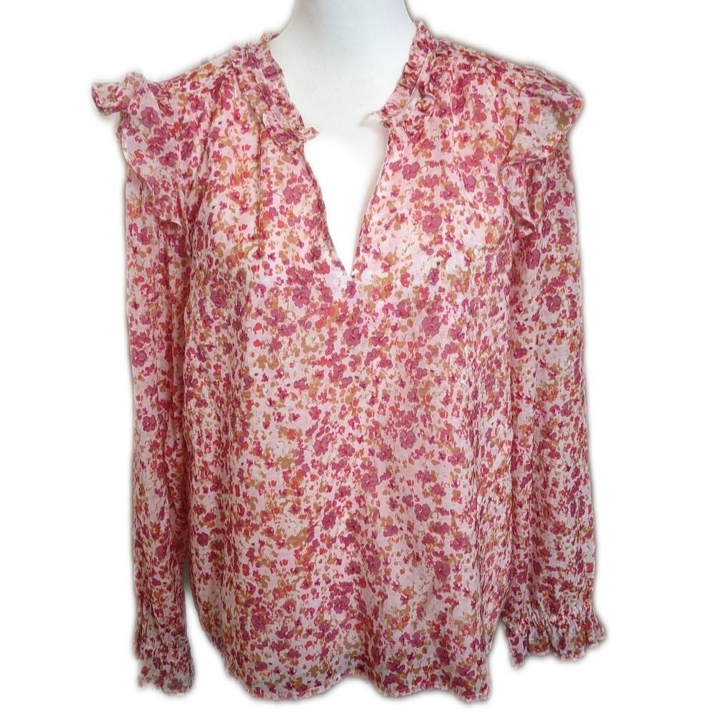 J. Crew pink & red floral v-neck ruffled long sleeve lightweight lined blouse L